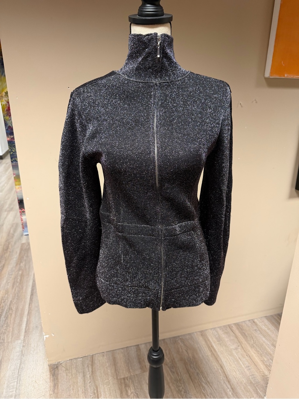 Zara Black Metallic Zip-Up sweater Jacket